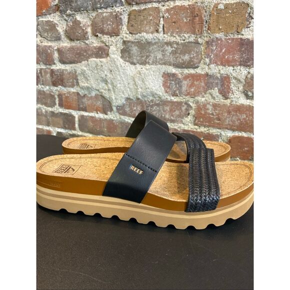 REEF • Black Vegan Leather Braided Double Strap Tan Cork/Foam 2” Sole Slide Sand - Picture 1 of 16